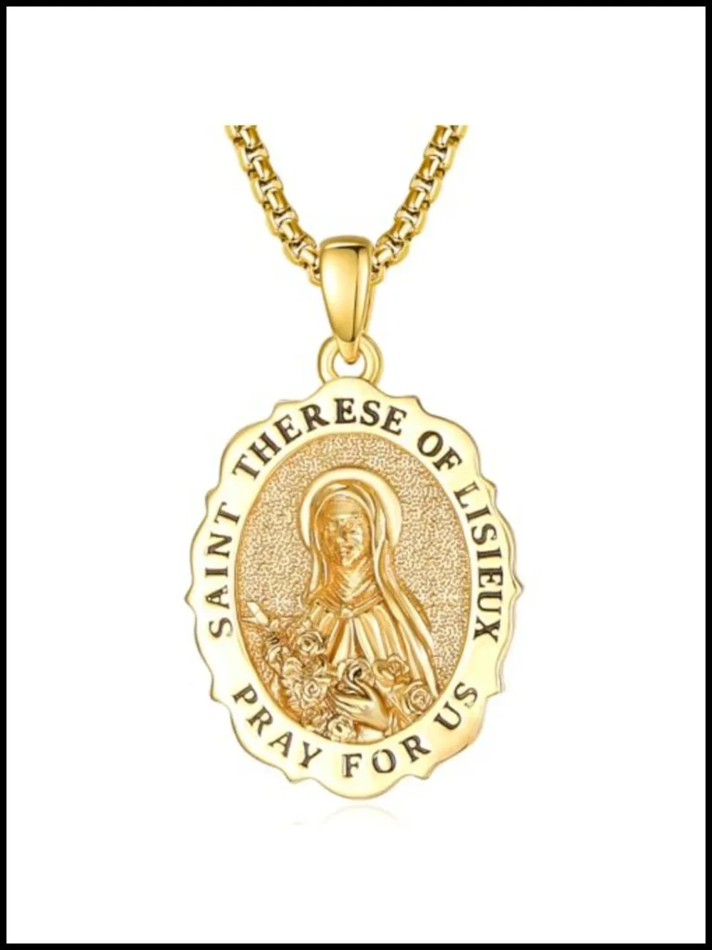 Saint Therese Medal Pendant Necklace 925 Sterling Silver 24K Gold Plated